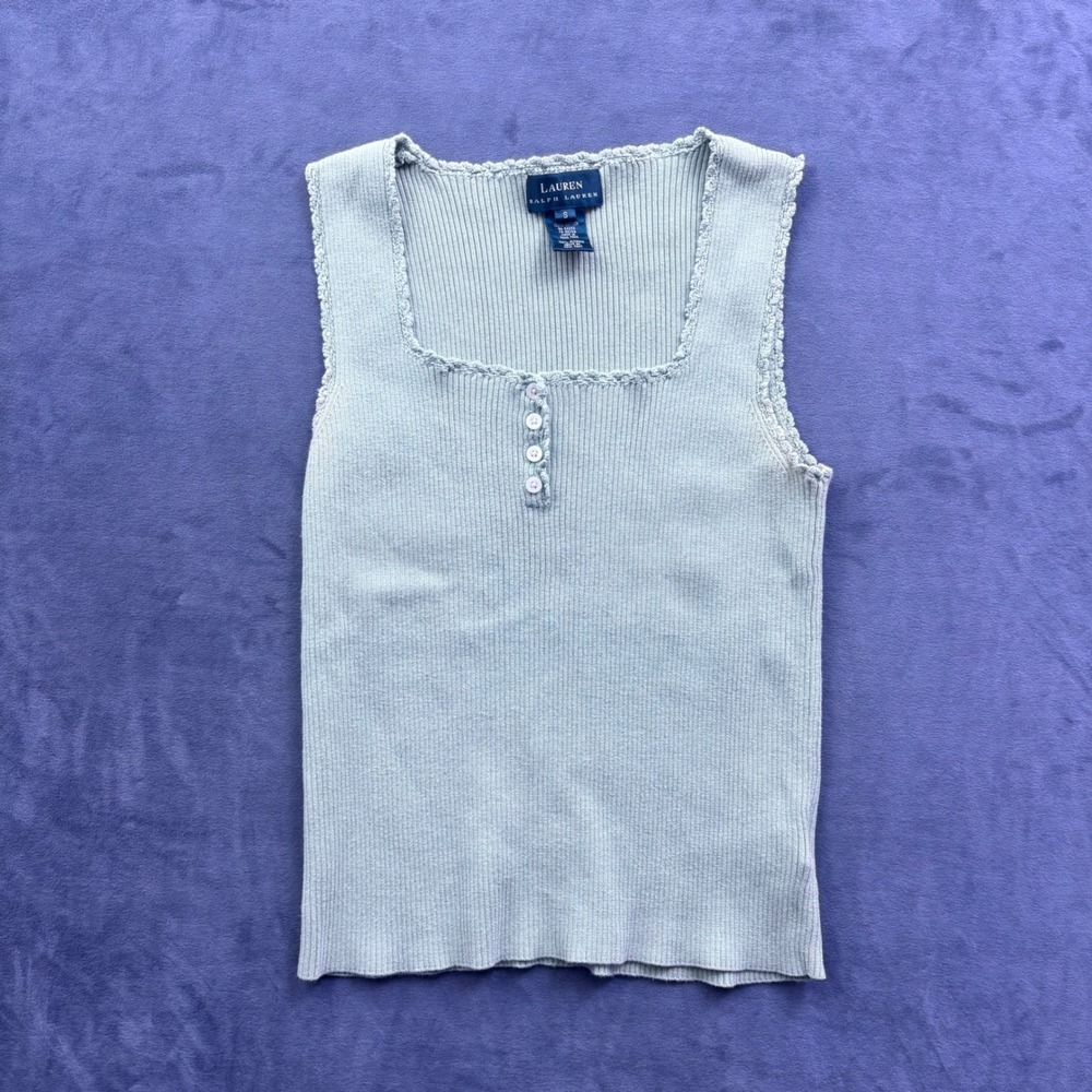Lauren Ralph Lauren Sage Green Ribbed Cotton Henley Tank Top Crochet Trim S